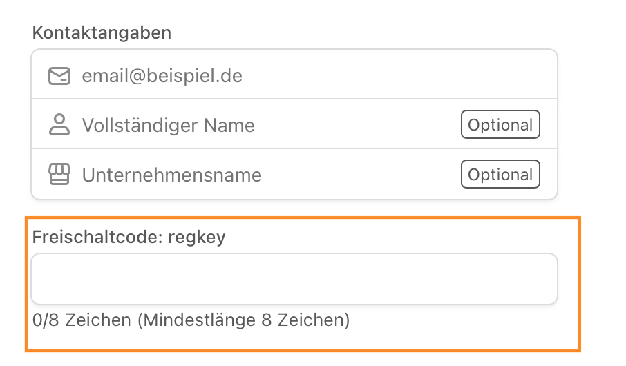 Das Bezahlformular von Stripe mit dem orange umrandeten Feld „Freischaltcode: regkey“